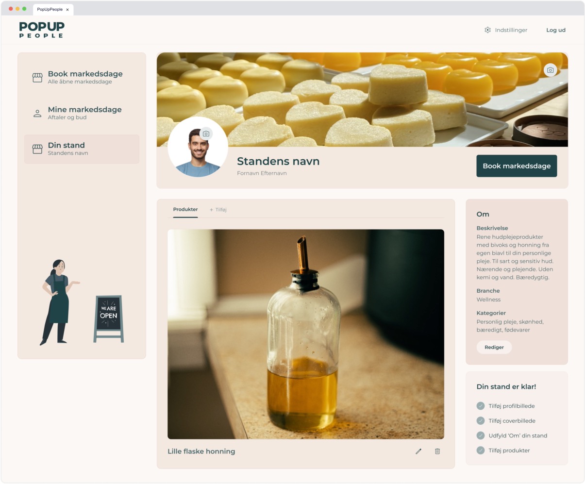 Completed stand page showing a cover photo, profile image, stand name, and a product listing featuring a small jar of honey titled "Lille flaske honning".